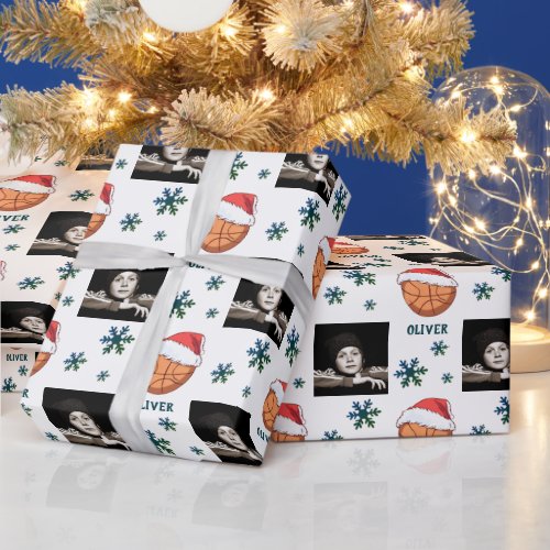 Basketball Ball Santa Hat Snowflake Name Photo Wrapping Paper