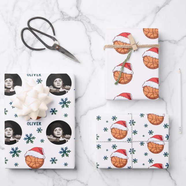 Basketball Ball Santa Hat Snowflake Name Photo Wrapping Paper Sheets (Front)