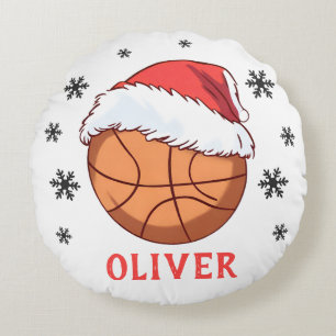 Basketball Ball Santa Hat Snowflake Name Round Pillow
