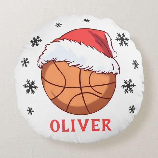 Basketball Ball Santa Hat Snowflake Name  Round Pillow (Front)