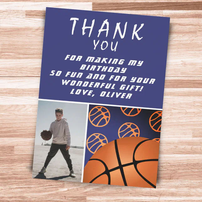 Basketball Ball Sports Birthday Photo Thank You Card | Zazzle