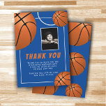 Basketball Ball Sports Birthday Photo Thank You Card<br><div class="desc">Basketball Ball Sports Birthday Photo Thank You Card. The design has a fun text "Let's hoop it up" and basketball balls on a blue background. Add your thank you note,  name and photo.</div>