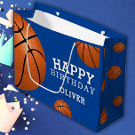 Basketball Ball Sports Happy Birthday Custom Name  Large Gift Bag<br><div class="desc">Basketball Ball Sports Happy Birthday Custom Name Large Gift Bag. Basketball balls with a Happy birthday wish on a blue background. Personalize with your name and make a special personalized gift bag for a boy or a girl who loves basketball.</div>