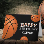 Basketball Ball Sports Happy Birthday Kids Card<br><div class="desc">Basketball Ball Sports Happy Birthday Card with Name. Basketball balls with a Happy birthday wish on a black background. Personalize with your name and make a special personal card for a boy or a girl who loves basketball.</div>