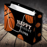 Basketball Ball Sports Happy Birthday Name Large Gift Bag<br><div class="desc">Basketball Ball Sports Happy Birthday Gift Bag with Name. Basketball balls with a Happy birthday wish on a black background. Personalize with your name and make a special personal gift bag for a boy or a girl who loves basketball.</div>