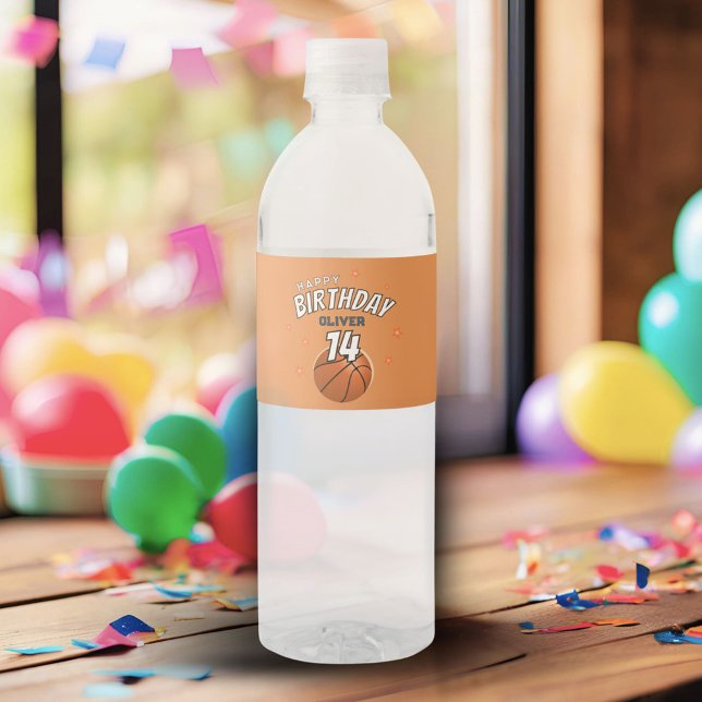 Basketball Ball Sports Happy Birthday  Water Bottle Label (Creator Uploaded)