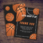 Basketball Ball Sports Kids Birthday Thank You Card<br><div class="desc">Basketball Ball Fun Sports Kids Birthday Thank you Card. The design has a fun text "Let's hoop it up" and basketball balls on a black background. Add your thank you note and name.</div>