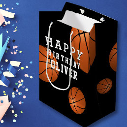 Basketball Ball Sports Kids Happy Birthday Black  Medium Gift Bag