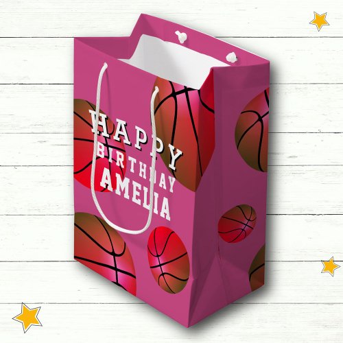 Basketball Ball Sports Kids Happy Birthday Pink Medium Gift Bag