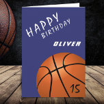 Basketball Ball Sports Modern Happy Birthday Card<br><div class="desc">Basketball Ball Sports Pattern Modern Happy Birthday Card. Modern basketball birthday card for anyone who loves basketball. Basketball ball on the dark purple color. Personalize with your name and age on the ball.</div>