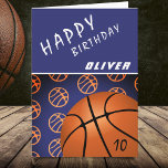 Basketball Ball Sports Modern Happy Birthday Kid Card<br><div class="desc">Basketball Ball Sports Pattern Modern Happy Birthday Kid Card. Modern basketball birthday card for a boy or a girl who loves basketball. Basketball pattern with different orange basketball balls on dark purple color. Personalize with your name and age on the biggest ball.</div>