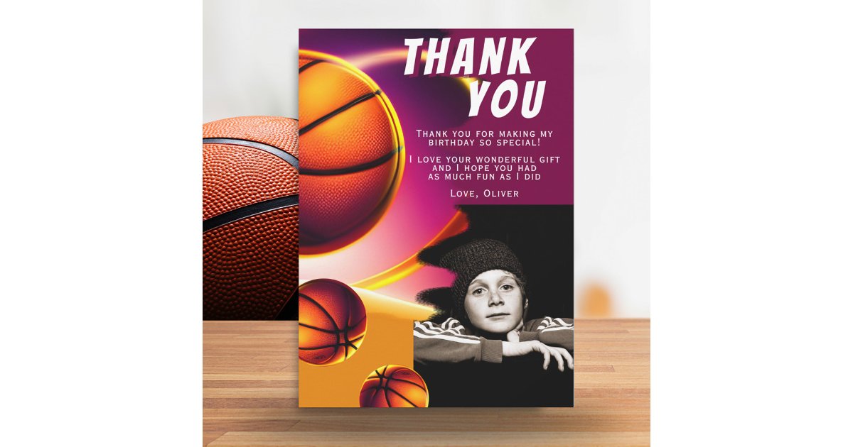 Basketball Ball Sports Photo Birthday Thank You Card | Zazzle
