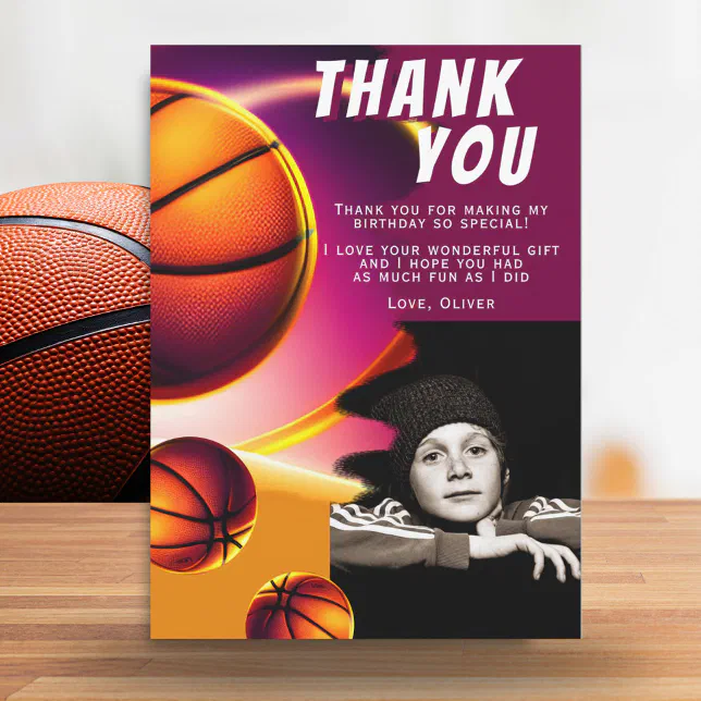 Basketball Ball Sports Photo Birthday Thank You Card | Zazzle