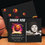 Basketball Ball Sports Photo Birthday  Thank You Card<br><div class="desc">Basketball Ball Sports Photo Birthday Thank You Card. This modern design has a basketball ball on a vivid and vibrant background. The basketball theme makes it perfect for a basketball fan's birthday. Add your photo and personalize the text.</div>