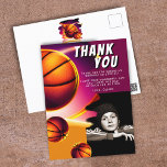 Basketball Ball Sports Photo Birthday Thank You  Postcard<br><div class="desc">Basketball Ball Sports Photo Birthday Thank You Postcard. This modern design has a basketball ball on a vivid and vibrant background. The basketball theme makes it perfect for a basketball fan's birthday. Add your photo and personalize the text.</div>