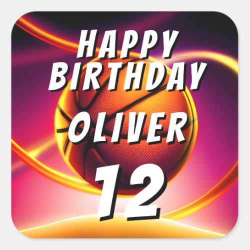 Basketball Ball Vivid Sports Happy Birthday  Square Sticker