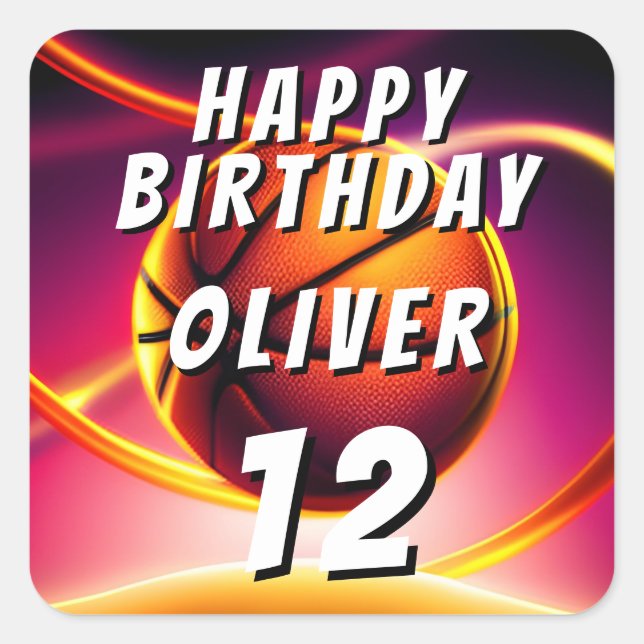 Basketball Ball Vivid Sports Happy Birthday  Square Sticker (Front)