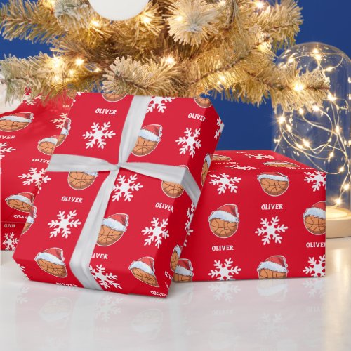 Basketball Ball with Red Santa Hat Snowflake Name Wrapping Paper