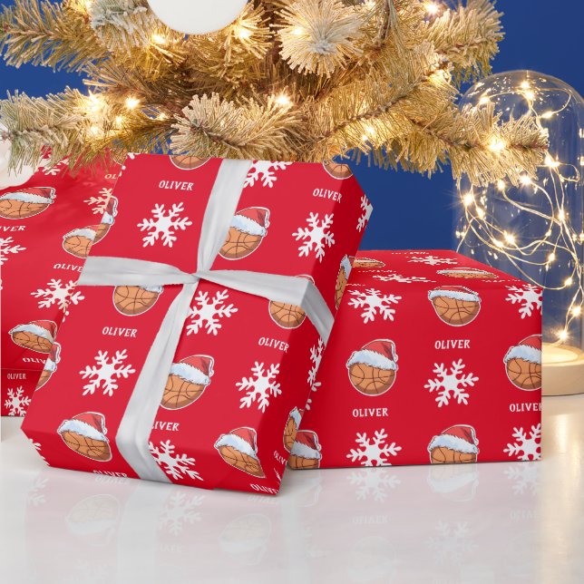 Basketball Ball with Red Santa Hat Snowflake Name Wrapping Paper (Holidays)