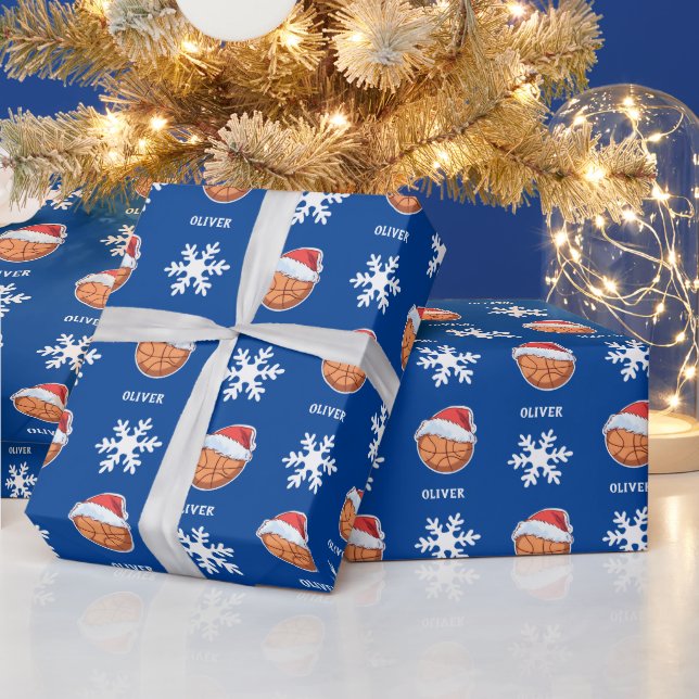 Basketball Ball with Red Santa Hat Snowflake Name Wrapping Paper (Holidays)