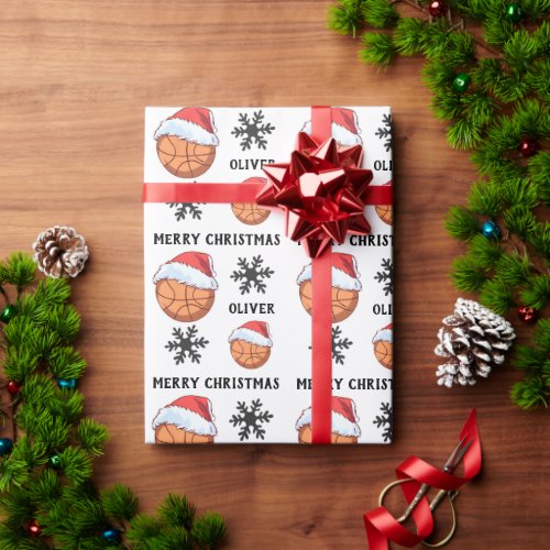Basketball Ball with red Santa Hat Snowflake Name Wrapping Paper
