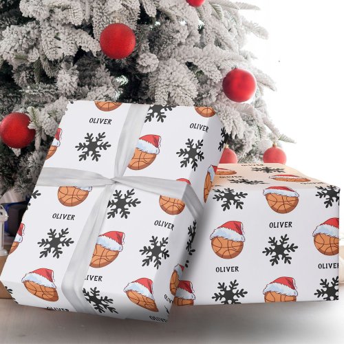 Basketball Ball with red Santa Hat Snowflake Name Wrapping Paper
