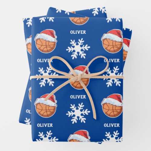 Basketball Ball with Red Santa Hat Snowflake Name Wrapping Paper Sheets