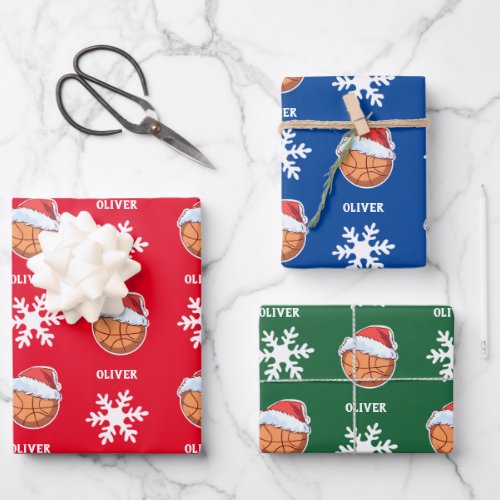 Basketball Ball with Red Santa Hat Snowflake Name Wrapping Paper Sheets