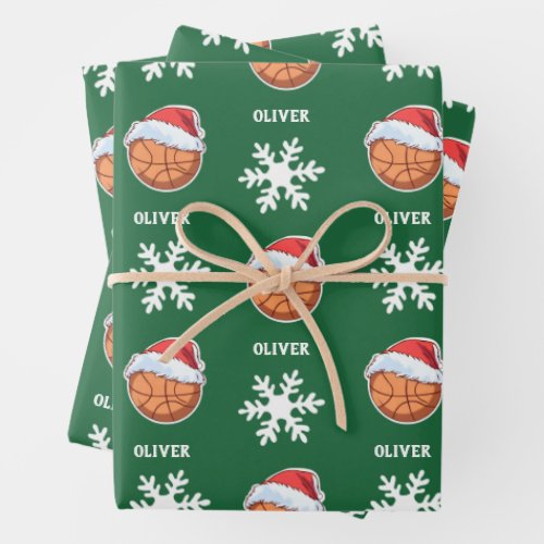 Basketball Ball with Red Santa Hat Snowflake Name Wrapping Paper Sheets