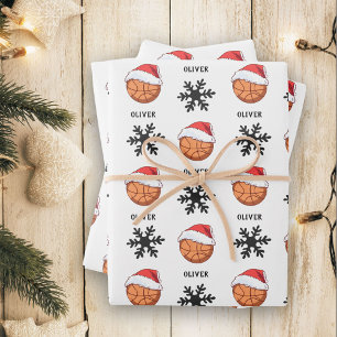 Basketball Ball with red Santa Hat Snowflake Name Wrapping Paper Sheets