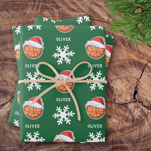 Basketball Ball with Red Santa Hat Snowflake Name Wrapping Paper Sheets (Creator Uploaded)