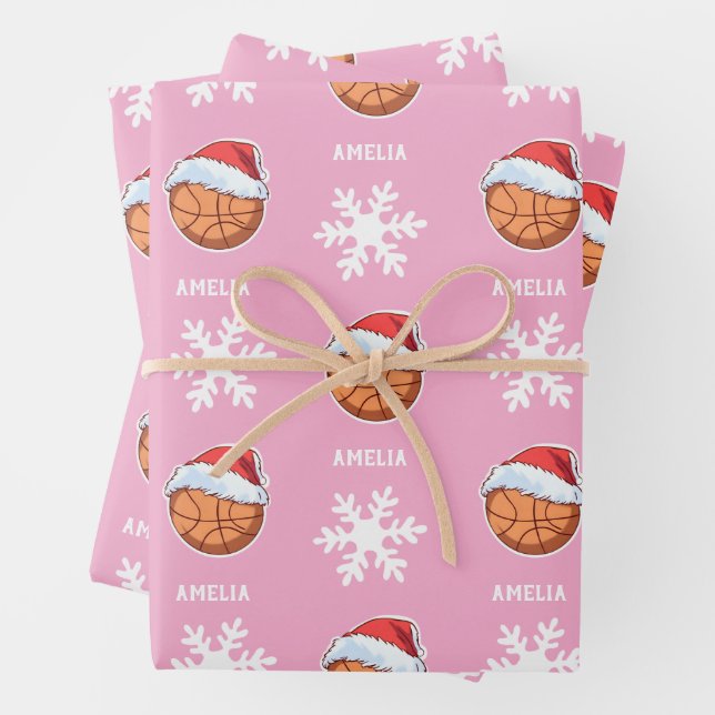 Basketball Ball with Red Santa Hat Snowflake Name Wrapping Paper Sheets (In situ)