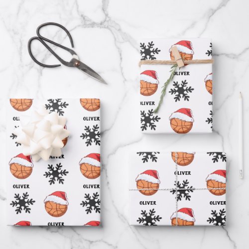 Basketball Ball with red Santa Hat Snowflake Name Wrapping Paper Sheets