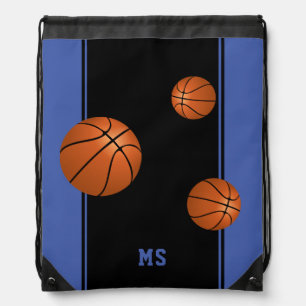 Basketball Balls Blue Black Monogram Drawstring Bag
