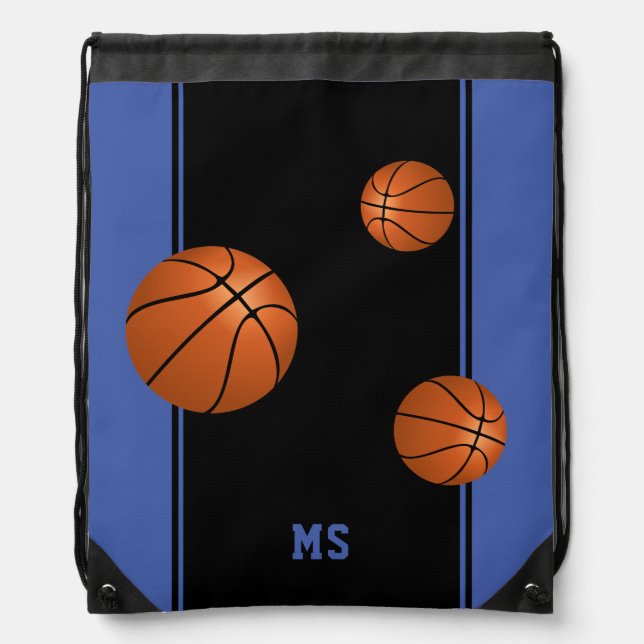Basketball Balls Blue Black Monogram Drawstring Bag (Front)