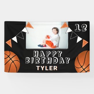 Basketball Balls Flags Black Kids Photo Birthday Banner