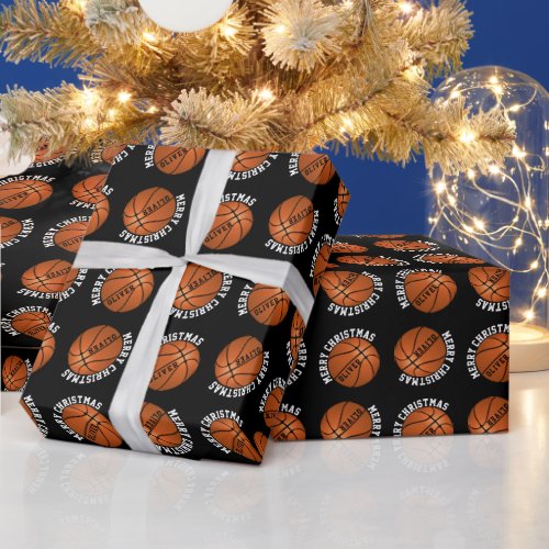 Basketball Balls Kids Name Black Christmas Wrapping Paper