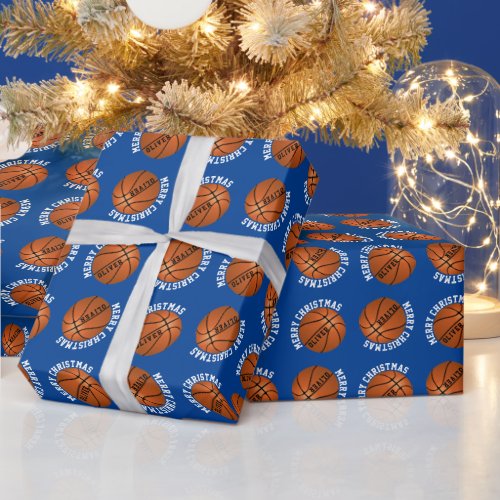 Basketball Balls Kids Name Blue Merry Christmas  Wrapping Paper