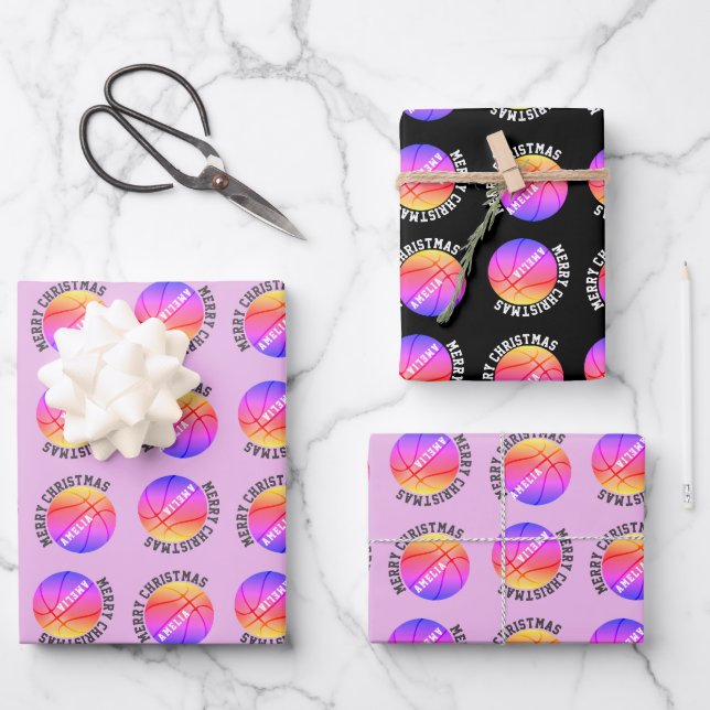Basketball Balls Kids Name Pink Sports Christmas  Wrapping Paper Sheets (Front)