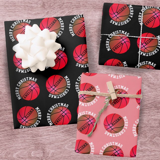 Basketball Balls Kids Name Pink Sports Christmas Wrapping Paper Sheets (Creator Uploaded)