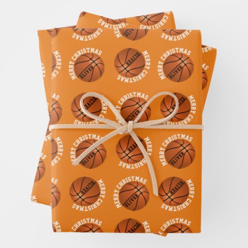 Basketball Balls Kids Name Sports Merry Christmas Wrapping Paper Sheets