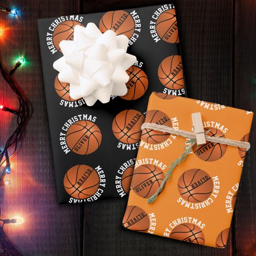 Basketball Balls Kids Name Sports Merry Christmas  Wrapping Paper Sheets