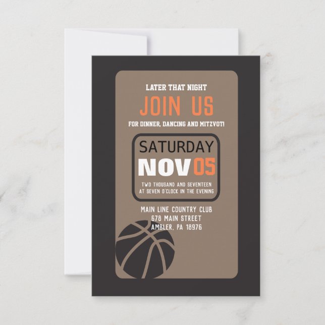 BASKETBALL Bar Mitzvah Invitation Party Card (Front)