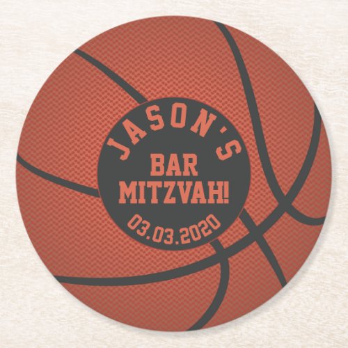Basketball Bar Mitzvah Orange Black Round Paper Coaster