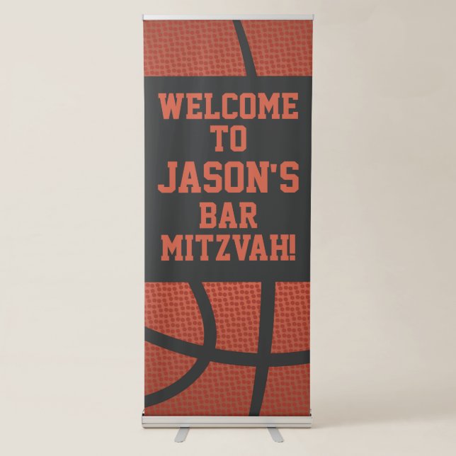 Basketball Bar Mitzvah Personalized Orange Black Retractable Banner (Front)