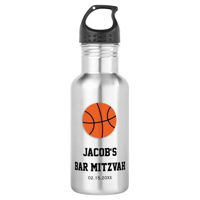Basketball Bar Mitzvah Personalized Stainless Steel Water Bottle (Front)
