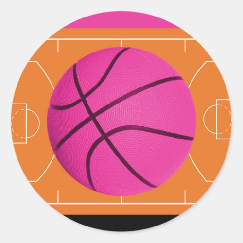 Basketball Birthday Party Black Pink  Orange Classic Round Sticker