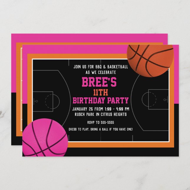Basketball Birthday Party Black Pink & Orange Invitation (Front/Back)