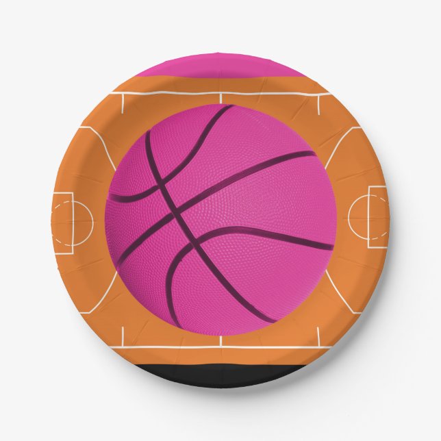 Basketball Birthday Party Black Pink & Orange Paper Plates (Front)