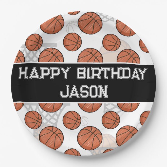 Basketball Birthday Party Collegiate Font Paper Plates (Front)
